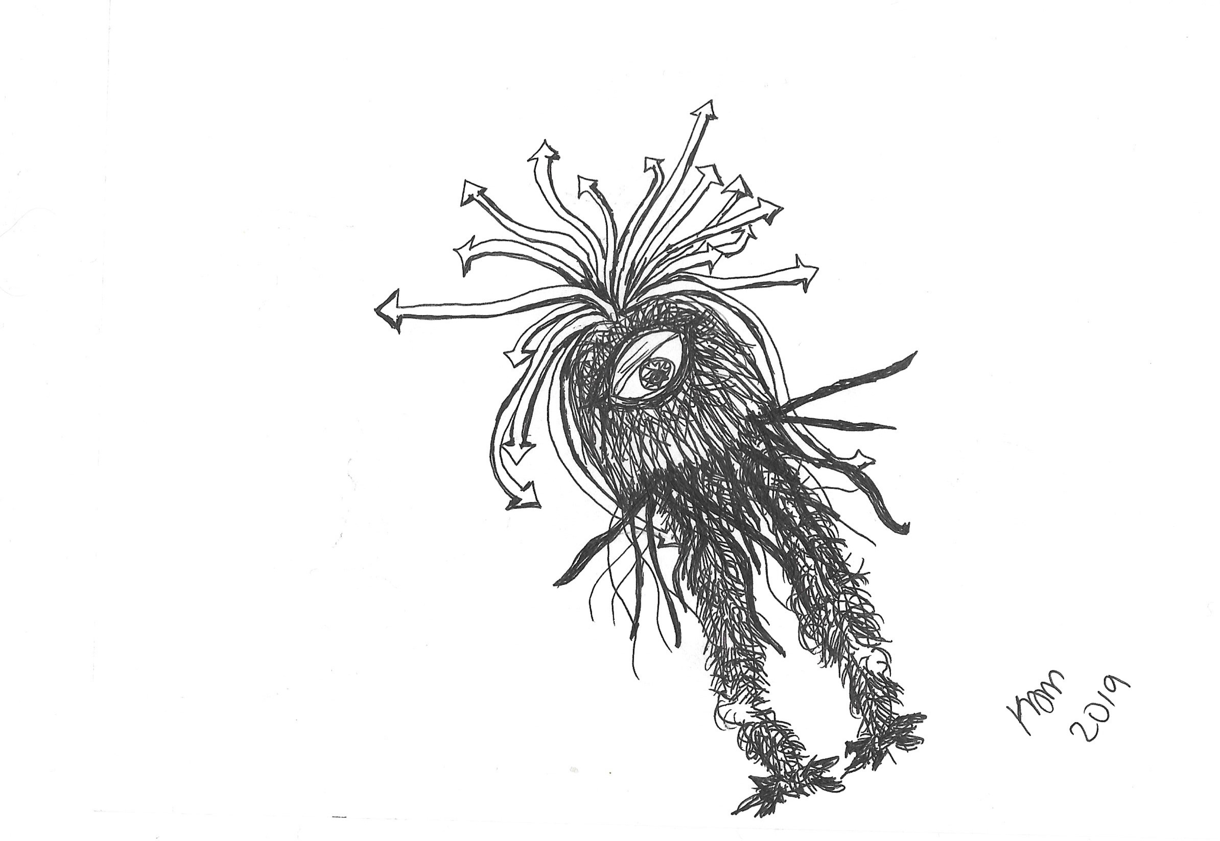 a bipedal cyclopian monster with hair tendrils in the shape of arrows on its head sticking out every which way. Covered in wiry little hairs except for its two knobbly knees.